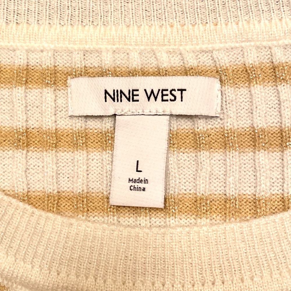 Nine West Cream Gold Metallic Striped L Coastal Nautical Preppy Casual Sweater - Picture 9 of 11